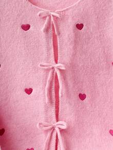 SHEIN Tween Girls' Loose Casual Minimalist Comfortable Round Neck Long Sleeve Tie Bow Heart Cardigan, Back To School Season Fall Winter - Coral Pink - View 3