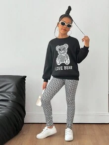 SHEIN 2pcs/Set Tween Girls Bear Print Crew Neck Sweatshirt And Geometric Pattern Pants Outfit Fall Winter