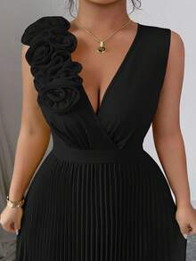 Elenzga Váy chữ A xếp ly màu vàng kem thanh lịch cỡ lớn, cổ chữ V không tay, thắt eo, tinh tế - màu đen - Xem 4