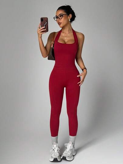 Dewbera 2pcs/Set Women Yoga Solid Color Halter Neck Top And High Waist Leggings Sports Suit Workout Set Gym Set Seamless Workout Set Unitard Set Seamless Yoga Set Gym Set Woman Workout Set Seamless Yoga Set