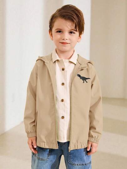 男童衣服小男孩绿色秋季休闲百搭卡通恐龙动物图案连帽长袖外套基础百搭日常休闲适合户外运动居家旅行返校服男童