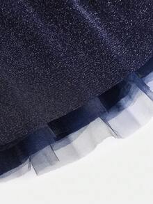 SHEIN Girlism 青少年女孩派对装，蝴蝶结网眼吊带褶皱无袖吊带荷叶边优雅连衣裙，适合圣诞节、秋冬连衣裙、万圣节、圣诞节、派对，皇家蓝色纯色连衣裙，太阳下摆连衣裙 - 寶藍色 - 查看 4