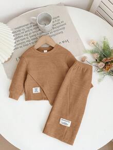 SHEIN 2pcs Babygirl Casual Knit Khaki Long Sleeve Top And Elastic Waist Pants Set, Autumn/Winter Toddler Set Brown Baby Outfit Baby Set Autumn Winter Baby Clothes Set Mocha Baby Set - Khaki - View 8