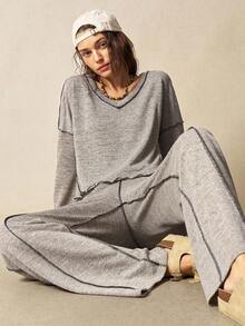 SHEIN BohoFeels Áo thun nữ tay dài cổ chữ V rộng rãi màu trơn đơn giản họa tiết tương phản phong cách Boho - Màu be - Xem 1