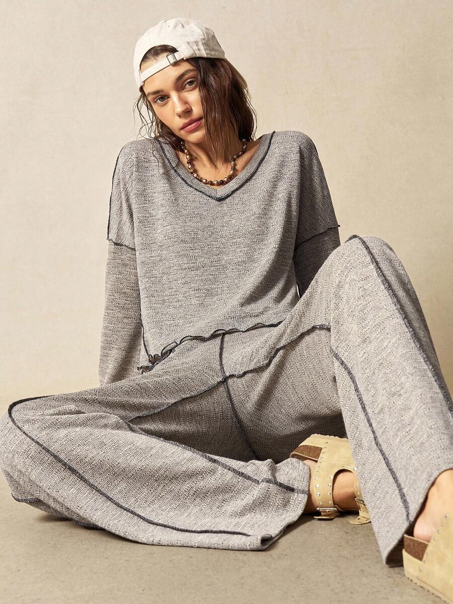 SHEIN BohoFeels Áo thun nữ tay dài cổ chữ V rộng rãi màu trơn đơn giản họa tiết tương phản phong cách Boho - Màu be - Xem 1