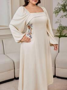Modelyn Elegant Square Neck Waist Cinched Long Sleeve Plus Size Dress For Women - Apricot - View 5