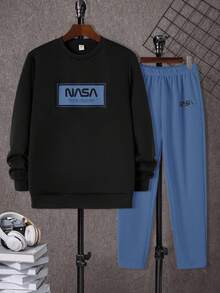 SHEIN 2 件青少年男孩休闲日常百搭舒适字母图案印花宽松圆领运动衫和休闲慢跑裤套装 - 霧霾藍 - 查看 2