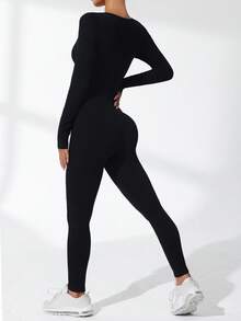 Easithlete Solid Color Long Sleeve Slim Fit Ribbed Jumpsuit