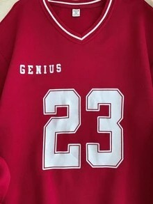 SHEIN 少女宽松罗纹领数字和英文印花卫衣，秋冬红色 - 紅色 - 查看 5