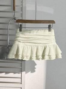 Elamini Fashionable Pleated Layered Decor Sweet Design Mini Skirt Elegant Ruffled Polka Dot Vacation Style A-Line Skirt - Apricot - View 2