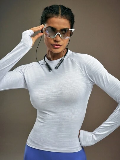 Powerista 女式秋季简约纯色插肩袖拇指孔修身运动T恤