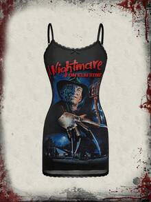 A Nightmare on Elm Street X ROMWE Đầm ngắn hai dây phối lưới họa tiết đồ họa dành cho nữ - màu đen - Xem 1