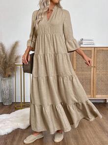 EMERY ROSE Women's Autumn Simple Notched Collar Ruffle Hem Tiered Linen Maxi Dress,Khaki Boho Long Sleeve Casual Vacation Outfits For Party Wedding Guest Chic - Khaki - View 8