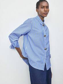 Maija 女式休闲条纹纽扣长袖衬衫，秋季