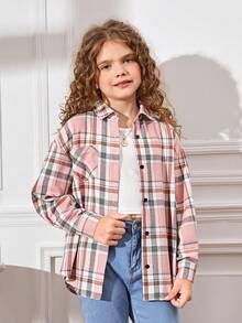 SHEIN Tween Girl Plaid Print Pocket Drop Shoulder Shirt - Multicolor - View 2