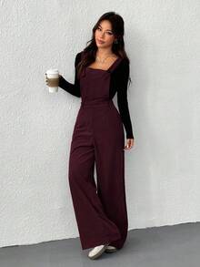 SHEIN EZwear 女式勃艮第酒红色简约休闲连体裤，秋季