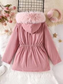 SHEIN 女式连帽仿毛领夹棉派克大衣，中长款，粉色，秋冬 - 粉色 - 查看 8