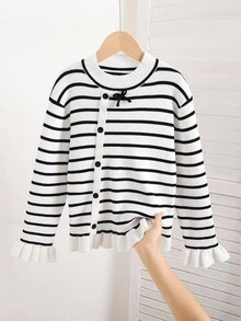 SHEIN 女童荷叶边半高领喇叭袖毛衣，简约修身针织上衣，2025秋冬韩版时尚设计，手工蝴蝶结，拼色，荷叶边下摆，开学季套头衫 - 黑與白 - 查看 1