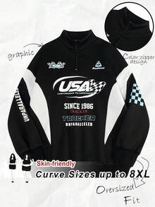 SHEIN CURVE+ 大码女式街头运动服、运动休闲、返校休闲色、秋冬彩色字母印花运动服 - 彩色 - 查看 1