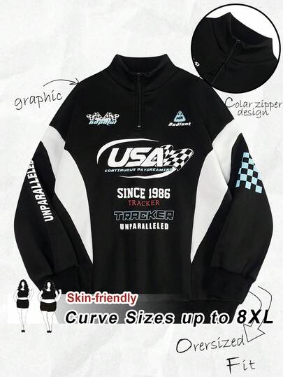 SHEIN CURVE+ Plus Size Women's Street Sportswear, Sports And Leisure, Back To School Casual Color, Color Blocked Letter Printed Sportswear In Fall/Winter