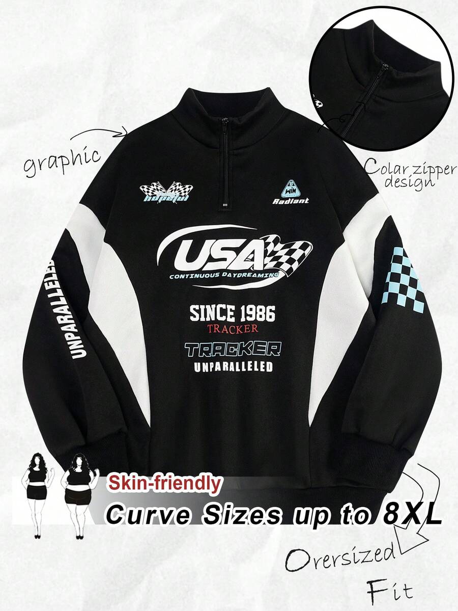 SHEIN CURVE+ 大码女式街头运动服、运动休闲、返校休闲色、秋冬彩色字母印花运动服 - 彩色 - 查看 1