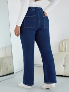 SHEIN CURVE+ 女士加大码深蓝色秋冬高弹力抓绒喇叭牛仔裤，万圣节服装，乡村风格女装，时尚秋季 - 深色水洗藍 - 查看 2