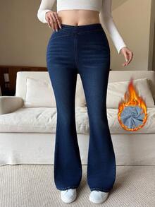 SHEIN Tall Fall/Winter Women's Casual Flared Distressed Denim Jeans, Going Out Chic Winter-Warm Thermal Lined Mid-Rise Blue Jeans - Dark Wash - View 2