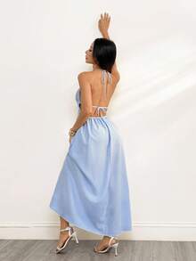 SHEIN PETITE 女士性感露背吊带条纹连衣裙，夏季 - 藍白色 - 查看 2