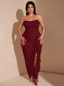 SHEIN BAE Gaun Jala Burgundy Elegan Ukuran Plus untuk Wanita, Gaun Koktail Musim Dingin dengan Belahan Ruffle, Cocok untuk Kencan, Pernikahan, Pesta, Wisuda, dan Liburan. - Burgundy - View 7