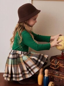 PrepCrw Young Girls' School Style Collared Long Sleeve T-Shirt And Plaid Skirt Set - Multicolor - View 6