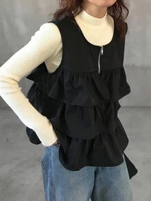 FRIFUL Women's Casual Solid Color Ruffle Hem Sleeveless Jacket, Summer Women Coats - Black - View 3