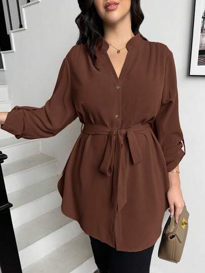 SHEIN Essnce Plus Size Women's Autumn And Spring Casual Loose Long Sleeve Brown Long Shirt,V Neck Shirt,Work Women Shirts,Teacher,Back To School,Office Wear,Fall Tops