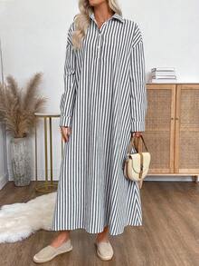 EMERY ROSE 女式条纹落肩长袖纽扣半襟休闲宽松衬衫裙 - 黑與白 - 查看 1