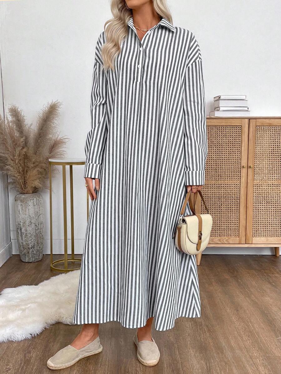 EMERY ROSE 女式条纹落肩长袖纽扣半襟休闲宽松衬衫裙 - 黑與白 - 查看 1
