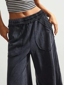 Bohemela Quần nỉ dệt kim rộng rãi màu trơn thường ngày dành cho nữ - màu đen - Xem 2