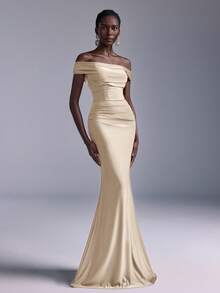 Elitara Elegant Ruched Off Shoulder Mermaid Dress, Suitable For Weddings, Parties, Vacations, Prom, Bridesmaid (Adult) - Apricot - View 5