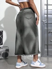 SHEIN SXY Váy denim xẻ tà thường ngày giặt tẩy cỡ lớn - Màu Xám nhạt - Xem 2