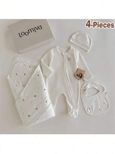 Loomiva Presentset för flickor, 4 delar: Långärmad sparkdräkt med tecknat djurtryck, byxor, filt, haklapp och mössa. Set för nyfödda, 4 delar: Fågeltryck/N Presentset för nyfödda/NMamas set med babytryck