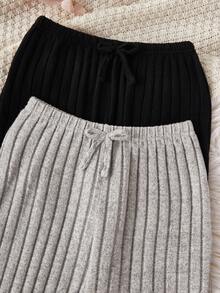 SHEIN 2 件女童罗纹面料仿蝴蝶结直筒休闲裤，舒适休闲，适合外出穿着，黑色和浅灰色 - 彩色 - 查看 3