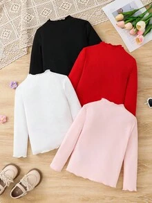 SHEIN LMoss Kids LMoss Young Girl 4pcs/Set Mock Neck Lettuce Trim Knit Fabric Tee, Versatile, Great For Casual Daily Wear & School Daily In Autumn & Winter Fall - Red - View 5