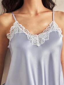Charlaine 蕾丝边缎面吊带背心和短裤女式睡衣套装 - 藍色 - 查看 5