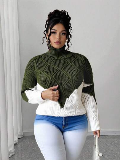 Elenzga Plus Size Women Casual Turtleneck Two-Tone Cozy Warm Pullover Sweater, Winter Knit Pullover Fall