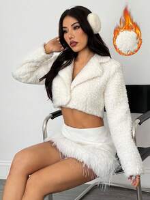 SHEIN PETITE 女士纯色翻领长袖单排扣短款仿皮草外套 白色毛绒大衣 秋冬款 - 白色 - 查看 6
