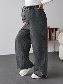 SHEIN Maternity Elastic Waist Wide Leg Jeans, Casual For Autumn Winter Christmas New Year Thanksgiving Commuting Vacation Graduation Chic Y2k Christmas Warm Cute Streetwear Birthday Party Wedding Elegant Business Casual Woman Thermal Lined Jeans Cozy Thermal Lined Women's Sweatpants Dark Gray Elastic Waist Drawstring Wide Leg Warm Winter Lounge Pants For Ultimate Comfort - Black - View 3
