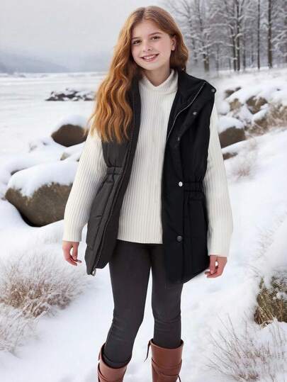 Girls' Casual Hooded Long Vest With Pockets, Zip-Up Closure, Suitable For Outdoor, School, Home, Versatile Autumn/Winter Style Fall