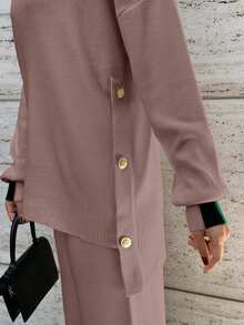 RueChic 2pcs Women''s Casual Contrast Color Long Sleeve Top And Pants Knitted Sweater Set - Dusty Pink - View 8