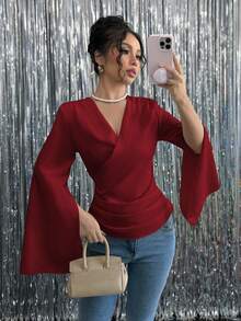 Chiquease Women's V-Neck Long Sleeve Casual Ruched Waist Blouse - Burgundy - View 3