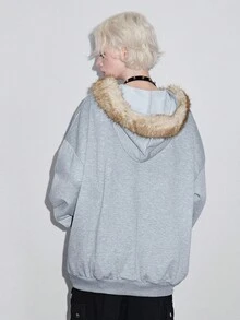 ROMWE Áo nỉ lông cừu in hình đầu lâu chữ đen Halloween kiểu cũ - Xám - Xem 3