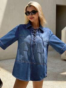 DAZY Áo sơ mi denim rách, rộng rãi, thoải mái dành cho nữ, Thu/Đông - Màu xanh lam - Xem 4