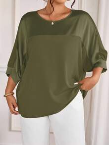 Cravure Plus Size Round Neck 3/4 Sleeve Metallic Fabric Patchwork Color-Blocking Raglan Sleeve Casual Blouse For Outing, Vacation, Commute, Party - Army Green - View 6